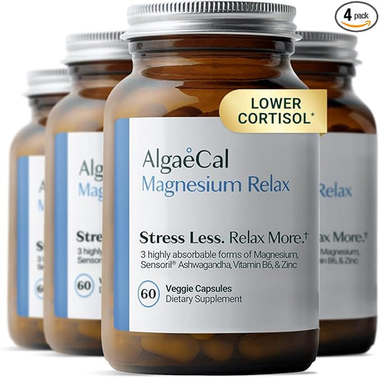 AlgaeCal Magnesium Relax™ - Chelated Magnesium with Ashwagandha for Sleep & Stress - Glycinate, Malate, Citrate - Sleep, Mood, & Cortisol Support (4 Months Supply)