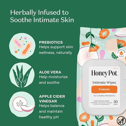 The Honey Pot Company - Prebiotic Feminine Wipes - Daily PH Balancing, Fragrance & Sulfate Free Wipes for Intimate Parts, Body, or Face - Hygiene Products - 30 ct.