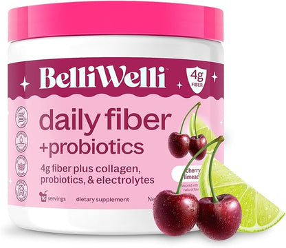 Belli Welli Fiber Supplement for Women&Men, Premium Daily Fiber Powder from Organic Acacia Fiber Added Collagen, Electrolytes&Probiotics, No Bloat, Constipation&Gut Health Support (Cherry Limeade)