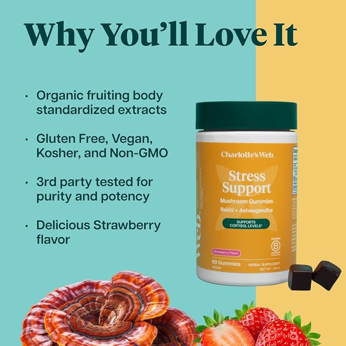 Charlotte's Web Stress Support Mushroom Gummies w/Reishi, Ashwagandha, Rhodiola Rosea Supplement — Natural Supplement — Strawberry-Flavored Ashwagandha Gummies (30 Servings)