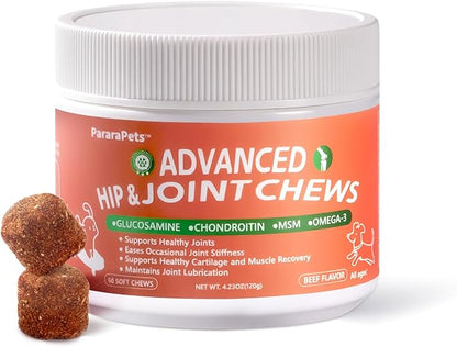 Advanced Dog Hip and Joint Supplement with Glucosamine, Chondroitin, MSM, and Vitamin C, Beef Flavor, 60 Soft Chews