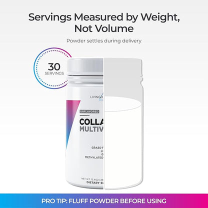 Livingood Daily Collagen Powder for Women & Men, Unflavored, Grass Fed Hydrolyzed Collagen Peptides, Protein & Multivitamins for Healthy Hair, Skin & Nails, Keto & Paleo, Gluten Free, 30 Servings