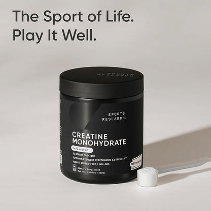 Sports Research® Creatine Monohydrate Powder w/Creapure® - Gain Lean Muscle, Improve Performance, & Support Workout Recovery* - 5g German Creatine · NSF Sport · Easy Mixing - 90 Servings (Unflavored)