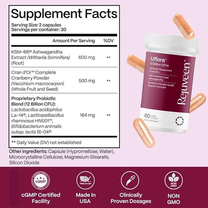 Uflora Vaginal Probiotics | Supports Vaginal Health, Moisture & Yeast | Enhances Intimate Wellness | Clinically Proven Dosages | Probiotics, Cranberry, Ashwagandha | 60 Ct (3 Pack)