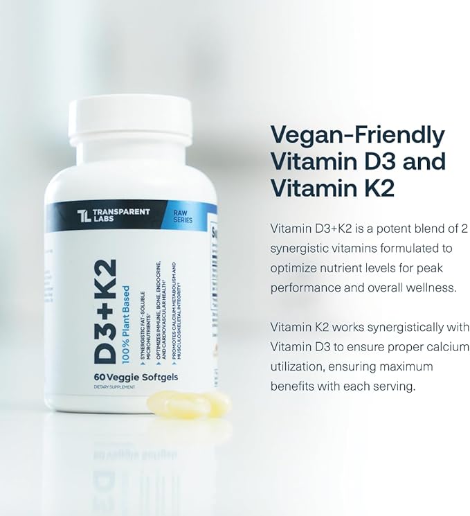 Transparent Labs Vitamin D3 K2 - Vitamin D & K2 Vitamin Supplement for Men & Women, Vegan-Friendly D3K2 5000 IU Supplements to Support Bone, Immune, and Overall Health - K2 D3 60 Capsules