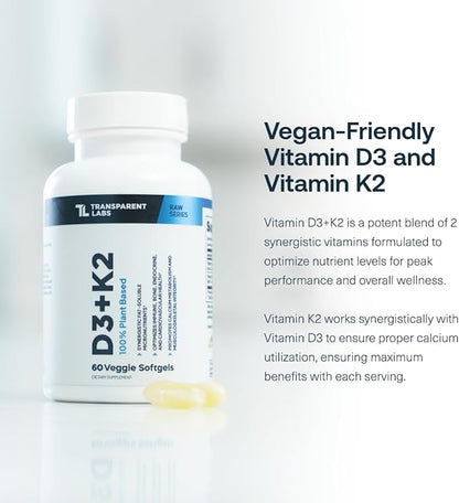 Transparent Labs Vitamin D3 K2 - Vitamin D & K2 Vitamin Supplement for Men & Women, Vegan-Friendly D3K2 5000 IU Supplements to Support Bone, Immune, and Overall Health - K2 D3 60 Capsules