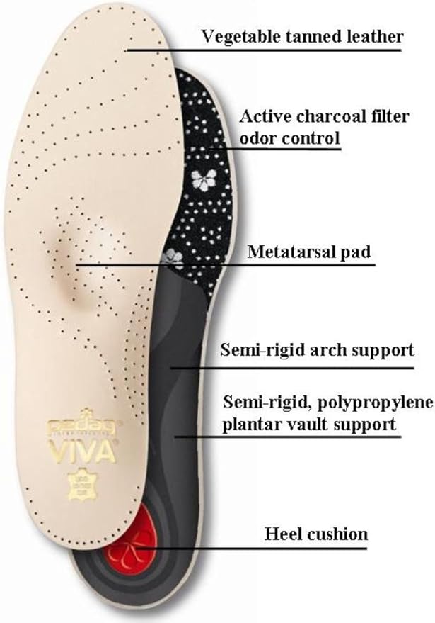 Pedag Viva | Leather Arch Support Inserts | Handmade in Germany | Plantar Fasciitis Relief | Metatarsal Pad | Heel Cushion | Activated Charcoal for Odor | Tan | Women US 10/ Men 7/ EU 40