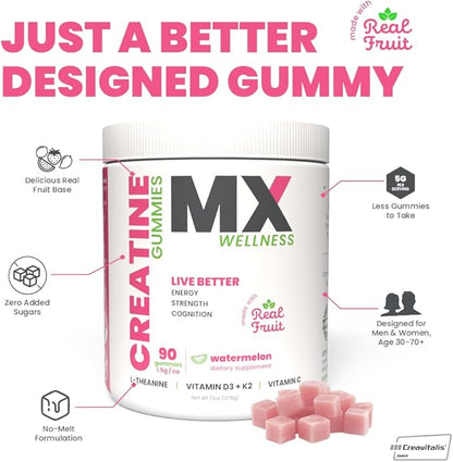 Creatine Monohydrate Gummies for Men & Women – Real Fruit Gummy Supplement for Muscle Growth, Recovery, Longevity, Cognitive Health & Memory – 90 Chews (90 Gummies, Watermelon)
