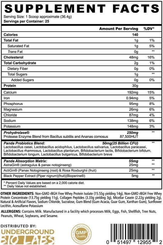 Underground Bio Labs Panda Fuel Premium Protein Whey,Hydrolyzed Collagen,Casein,Probiotics, Enzymes, Keto Friendly,Time Release, 25 Servings (2.5 Pound, Vanilla Ice Cream)