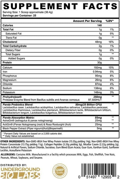 Underground Bio Labs Panda Fuel Premium Protein Whey,Hydrolyzed Collagen,Casein,Probiotics, Enzymes, Keto Friendly,Time Release, 25 Servings (2.5 Pound, Vanilla Ice Cream)