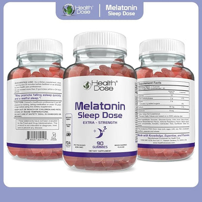 Health Dose Melatonin 6 mg Extra Strength Gummy, Pre-Bedtime Supplement for Restful Sleep, Adults, 90 Gummies, Mixed Berries Flavor, Pack of 5.