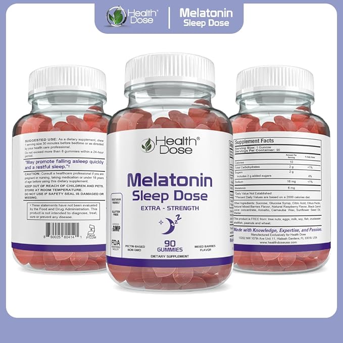 Health Dose Melatonin 6 mg Extra Strength Gummies, Pre-Bedtime Supplement for Restful Sleep, for Adults, 90 Gummies, Mixed Berries, Pack of 3