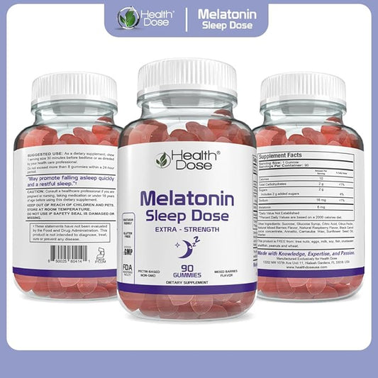 Health Dose Melatonin 6 mg Extra Strength Gummies, Pre-Bedtime Supplement for Restful Sleep, for Adults, 90 Gummies, Mixed Berries, Pack of 3