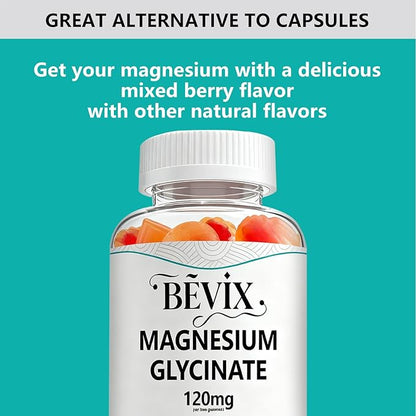 High Absorption Magnesium Glycinate Gummies for Adults & Kids, BEVIX 120mg Magnesium Supplement | 60 Count | Supports Relaxation, Nerve, Muscle & Bone Health | Vegan, Gluten Free, Non-GMO