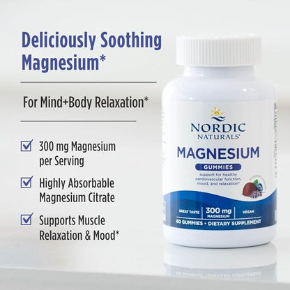 Nordic Naturals Magnesium Gummies for Adults, Blueberry Lavender Flavor - 60 Gummies - Vegan Magnesium Supplement for Mind, Mood, and Cardiovascular Support - Non-GMO - 20 Servings