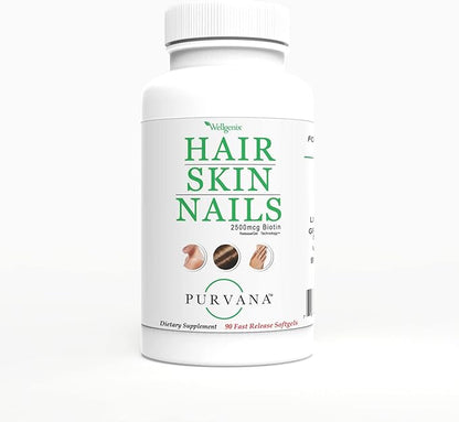 Wellgenix Purvana Hair Skin and Nails Supplement – 2500mcg Biotin Softgels with MSM & B-Complex – Daily Beauty Support for Stronger Nails & Hair Vitality – 180 Softgels (2 Pack)