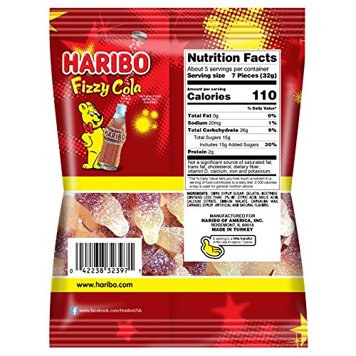 HARIBO Gummi Candy, Fizzy-Cola Gummy Candy Soda Bottles, 5 Ounce Share Size Bags (Pack of 12) Delicious Soft & Chewy Sweet Snacks, Sour & Tangy Cola Flavor