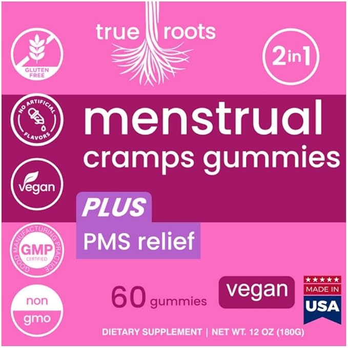 Menstrual Cramp Period Gummies True Roots | PMS Support Supplement for Women | Healthy Flow | Flo PMS Menstrual Cycle Relief, Cramping and Bloating | Vegan & Natural Flavors | 60 Count