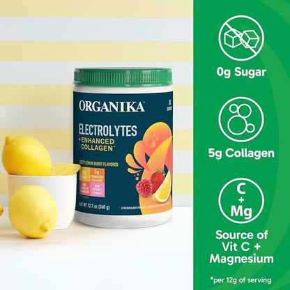 Organikа Electrolytes with Enhanced Collagen Powder for Women & Men - 13 oz - Zesty Lemon Berry-Flavored Effervescent Electrolyte & Collagen Drink Mix - Deep Hydration, Mobility, Skin, Hair, & Nails