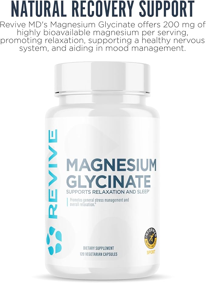 Revive MD Pure Magnesium Glycinate 200mg – High Absorption Supplement for Relaxation, Stress Relief, Sleep & Memory Support – Promotes Strong Bones, Healthy Nerve & Muscle Function (180 Servings)