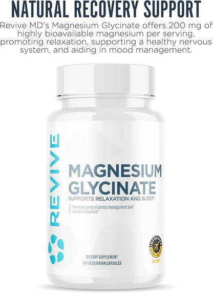 Revive MD Pure Magnesium Glycinate 200mg – High Absorption Supplement for Relaxation, Stress Relief, Sleep & Memory Support – Promotes Strong Bones, Healthy Nerve & Muscle Function (180 Servings)