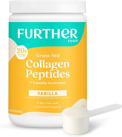 Further Food Vanilla Collagen Peptides Powder with Tremella Mushroom – 100% Grass-Fed, Hydrolyzed Type 1 & 3, 20g of Collagen per Serving, Supports Skin, Hair, Nails & Joints, 10.37 Oz