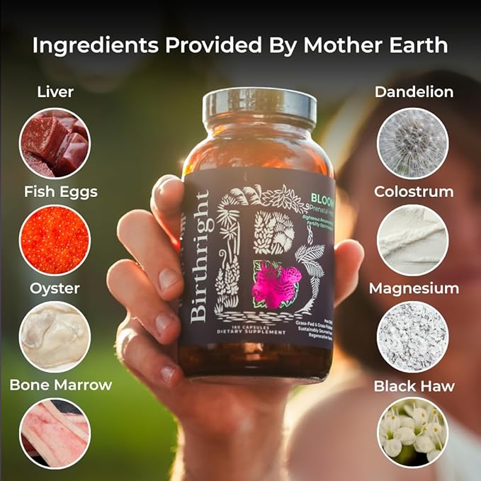 Birthright Bloom Prenatal Supplement – Animal Based Whole Food Prenatal with Grass Fed Liver, Fish Roe, Bone Marrow, Colostrum, Magnesium & Traditional Herbs