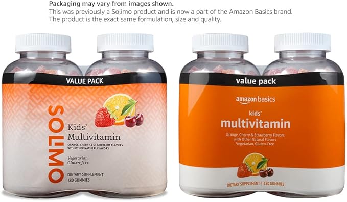 Amazon Basics Kids' Multivitamin Gummies, Cherry, Strawberry & Orange Flavors, 380 Count, 2 Packs of 190 (Previously Solimo)