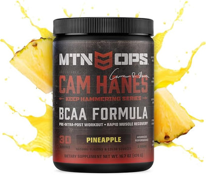 MTN OPS BCAA Powder 2:1:1 Amino Acids Supplement Powder for Rapid Muscle Recovery & Repair with Zero Sugar & Gluten Free - 30-Servings, Pineapple, Cameron Hanes Keep Hammering Series