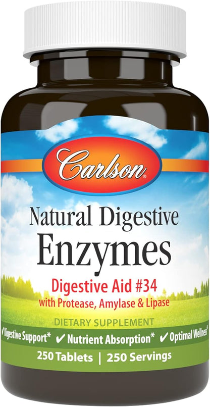 Carlson - Natural Digestive Enzymes, Digestive Aid #34 with Protease, Amylase & Lipase, Digestive Support, Nutrient Absorption & Optimal Wellness, 250 Tablets