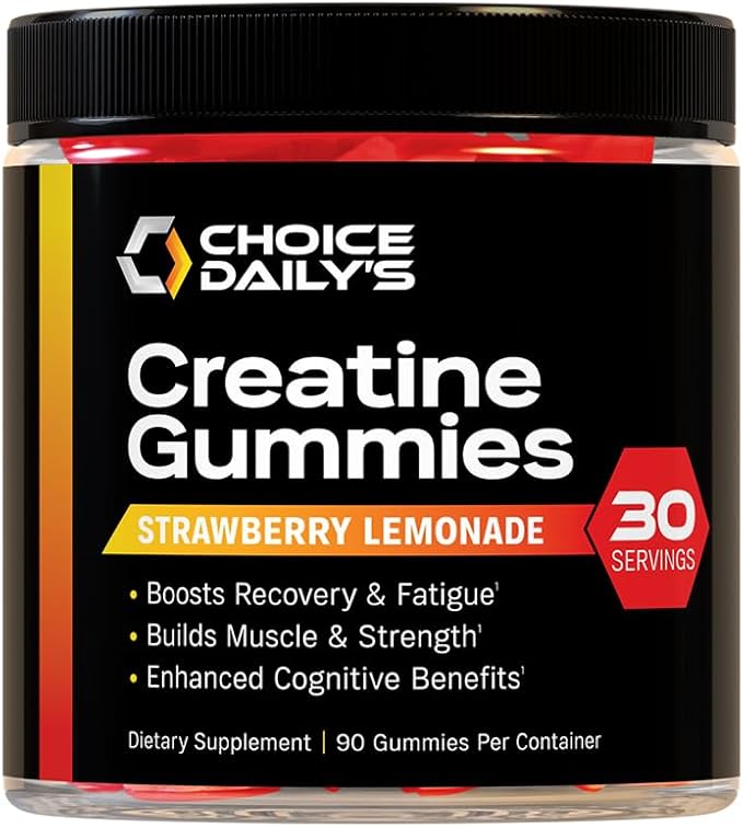 Creatine Gummies - 90 Vegan Friendly Chews - USA Made - Boosts Recovery - Builds Muscle - Enhanced Cognitive Benefits (Large, Strawberry Lemonade)
