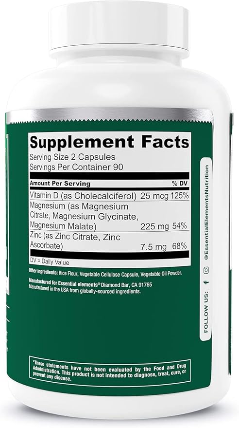 Essential Elements Magnesium Plus Zinc with Vitamin D3 | Scientifically Formulated Heart, Bone & Muscle Support | 225mg Triple-Strength Magnesium Complex with Glycinate, Malate, Citrate | 180 Count