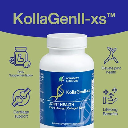 Longevity by Nature Extra Strength KollaGen II-XS- Collagen Type II with Hyaluronic Acid, Chondroitin, and Glucosamine – Joint Support, 120 Capsules.