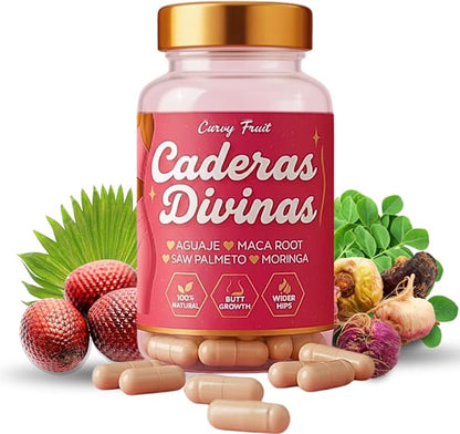 Caderas Divinas : Bigger Booty & Wider Hips – Aguaje + Maca Pills with Moringa & Saw Palmetto – 4 Super Ingredients for Natural Curve Growth – by CurvyFruit – 60 Capsules