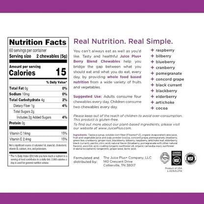 Juice Plus+ Fruit, Vegetable & Berry Blend Soft Chews (Chewables) - 30 Plant-Based Ingredients! Vegan Gummies for Kids & Adults - Gluten-Free, Non-GMO, No HFCS - Prepacked 3 Pouches (30 Chews Each)