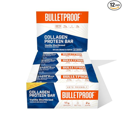 Bulletproof Vanilla Shortbread Collagen Protein Bars, Pack of 12, Keto-Friendly Snack with MCT Oil, 2g Sugar, No Added Sugar, Grass-Fed Collagen