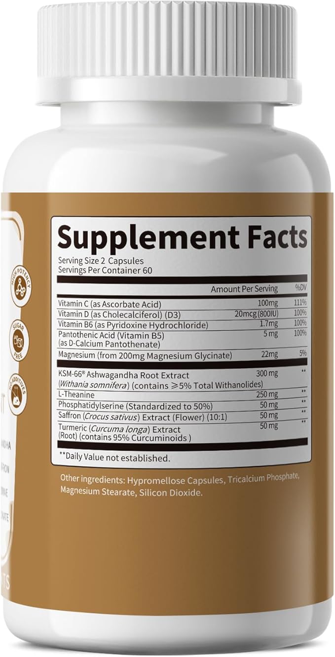 10-IN-1 Cortisol Supplements w/ KSM-66® Ashwagandha 300mg + L-Theanine 250mg, Magnesium Glycinate, Saffron, Phosphatidylserine, Turmeric & Vitamin C D3 B6 B5, For Women Men, 120 Capsules 2 Pack