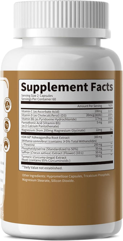 10-IN-1 Cortisol Supplements w/ KSM-66® Ashwagandha 300mg + L-Theanine 250mg, Magnesium Glycinate, Saffron, Phosphatidylserine, Turmeric & Vitamin C D3 B6 B5, For Women Men, 120 Capsules 2 Pack