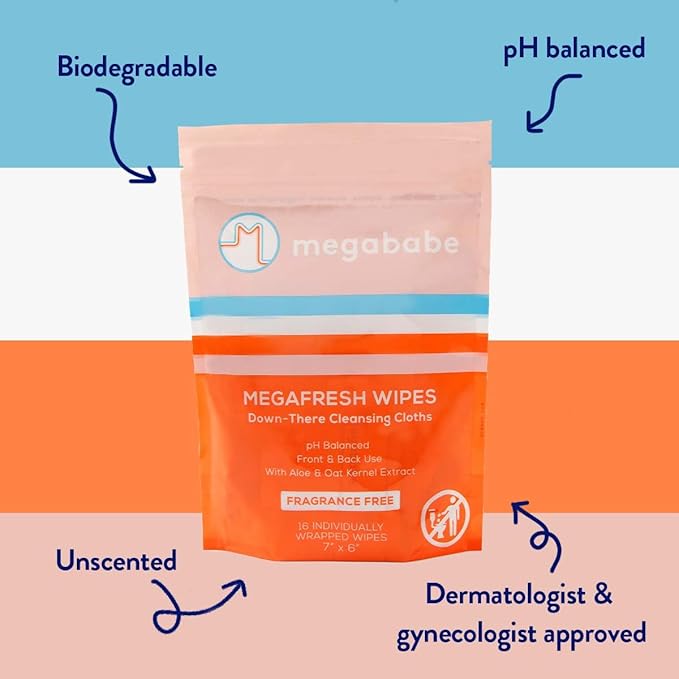 Megababe Megafresh Wipes | Unscented Cleansing Wipes for the Intimate Area | Spring Break Essential | pH Balanced, Front & Back Use | 16 Individually Wrapped Wipes (Pack of 1)