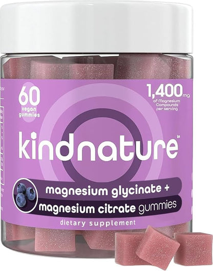 kindnature Magnesium Glycinate & Citrate Gummies – Calm Magnesium Complex for Sleep, Stress, Cramps & Digestion – Chewable Vegan Magnesium Supplement for Women, Teens, Adults – 60 Ct
