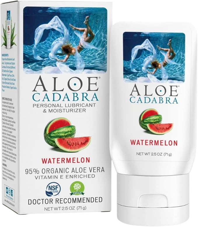 Aloe Cadabra Flavored Personal Lubricant and Vaginal Moisturizer, Organic Edible Aloe Lube for Men, Women and Couples, Non-Staining, pH Balanced, Toy Compatible (Watermelon, 2.5 Ounces, 1 Pack)
