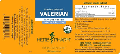 Herb Pharm Certified Organic Valerian Root Liquid Extract for Relaxation and Restful Sleep, Organic Cane Alcohol, 4 Ounce