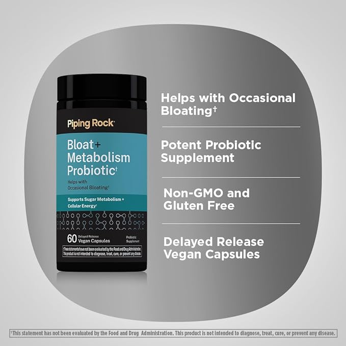Piping Rock Bloat and Metabolism Probiotic | 90 Capsules | 14 Strain Probiotic Blend | Supports Regularity, Sugar Metabolism, and Cellular Energy for Men and Women | Non-GMO and Gluten Free