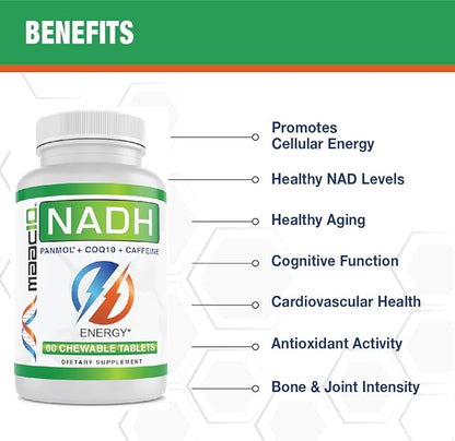 MAAC10 Energy Booster - with NADH, Caffeine & Coq10 Fast Acting Chewable Tablets - Great for Fatigue, Energy & Mental Focus.