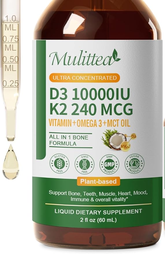 Mulittea Vitamin D3 K2 Liquid 10000 IU w/Vegan Omega-3 & Coconut MCT Oil - Maximum Strength Vitamin D Supplement, No Fillers, Non-GMO K2 as MK7 for Bones, Muscles & High Absorption-2 Fl Oz 1pack