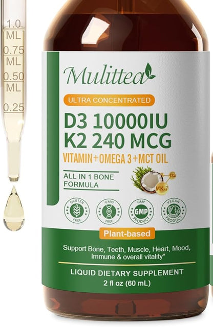 Mulittea Vitamin D3 K2 Liquid 10000 IU w/Vegan Omega-3 & Coconut MCT Oil - Maximum Strength Vitamin D Supplement, No Fillers, Non-GMO K2 as MK7 for Bones, Muscles & High Absorption-2 Fl Oz 1pack
