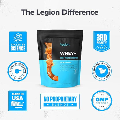 LEGION Whey+ Protein Whey Isolate from Grass Fed Cows (Salted Caramel, 30 Servings) - Whey Protein Isolate Powder, Low Calorie, Non-GMO, Sugar Free, Lactose and Gluten Free, All Natural Protein Powder