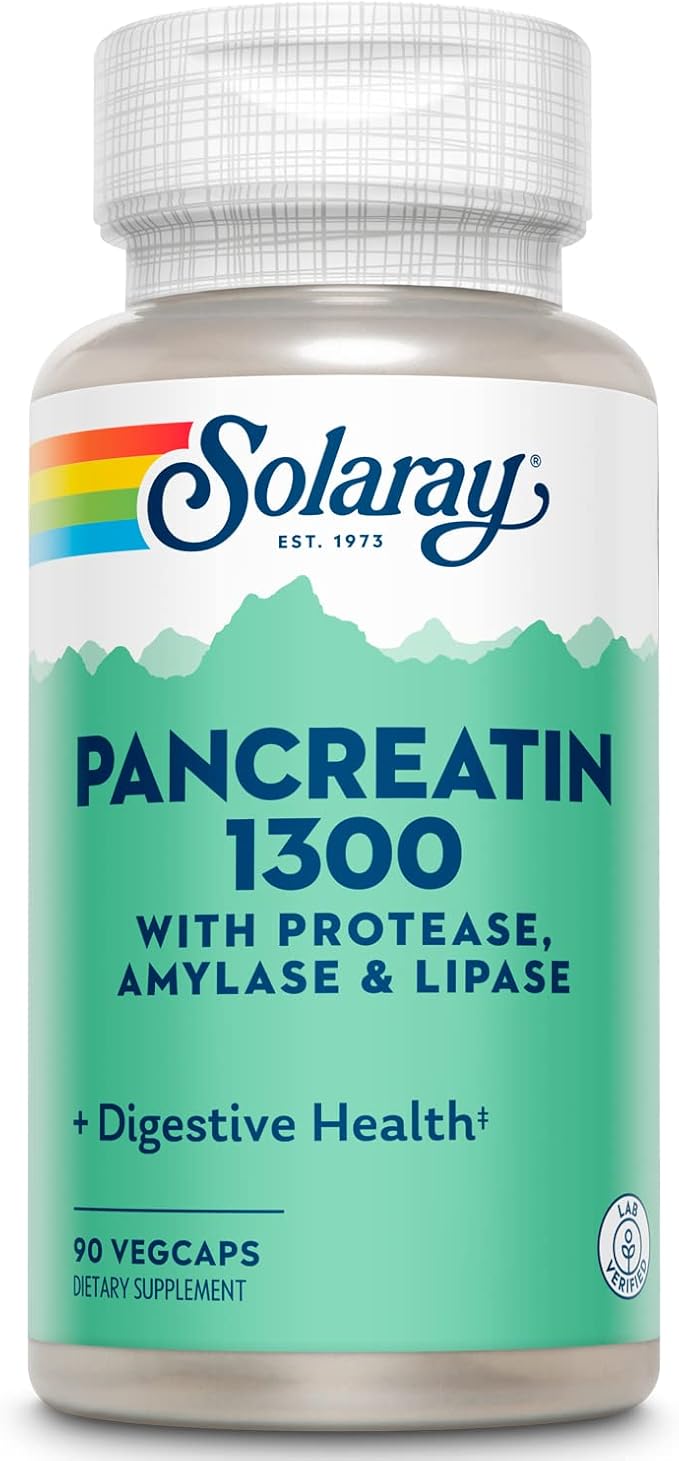 SOLARAY Pancreatin 1300, Pancreatic Digestive Enzymes with Protease, Amylase and Lipase, Plus Papain - Digestion Health Support, Lab Verified, 60 Day Guarantee, 90 Servings, 90 VegCaps