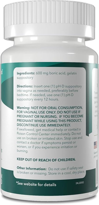 pH-D Feminine Health - 600 mg Boric Acid Suppositories - Woman Owned - for Vaginal Odor Use - 24 Count