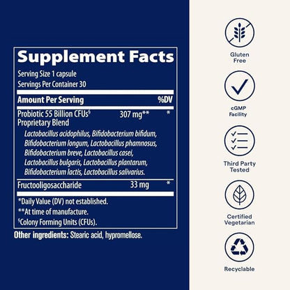 Trace Minerals Probiotic 55 Billion - High-Potency Probiotic for Small & Large Intestine Support - Age-Related Gut Support - Delayed Release Technology - Gluten-Free - 30 Count (30 Servings)